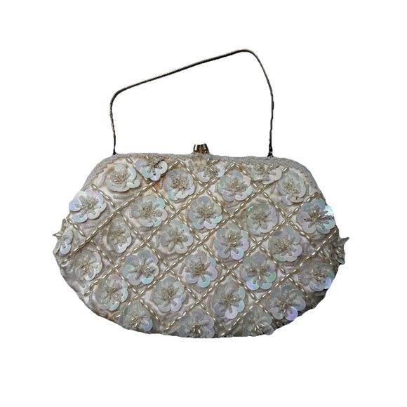 Vintage 1950’s White Iridescent Beaded Sequin Kiss Lock Evening Bag Mini Purse - Picture 1 of 6